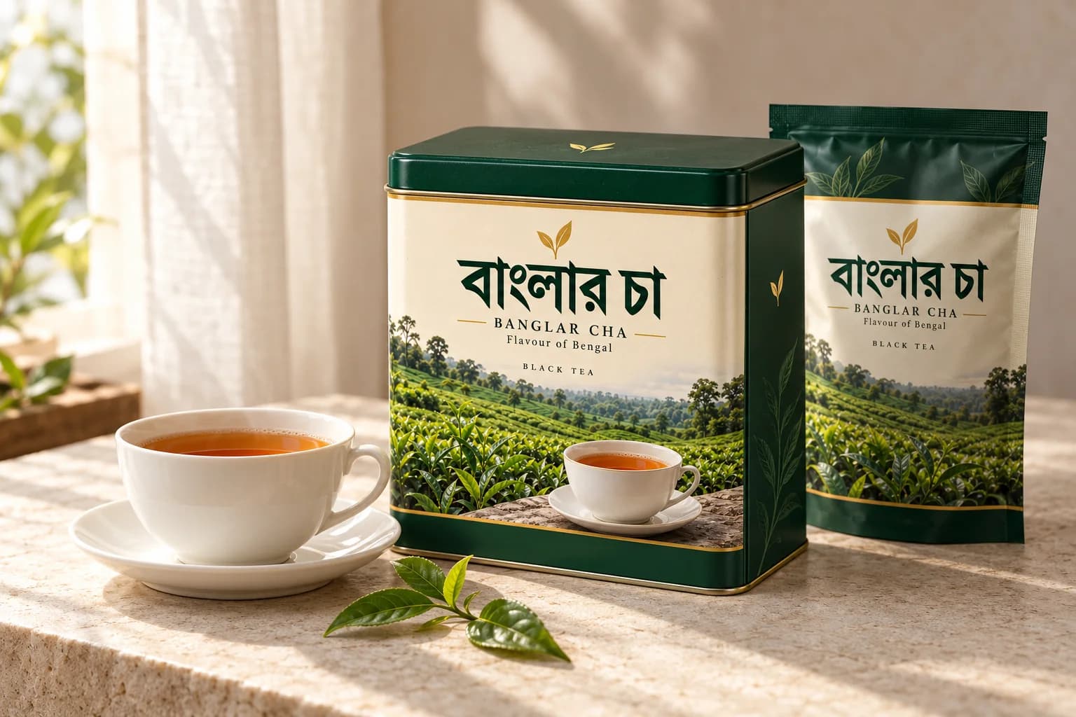 Banglar Cha forest-green tea tin and packet beside a warm cup of tea