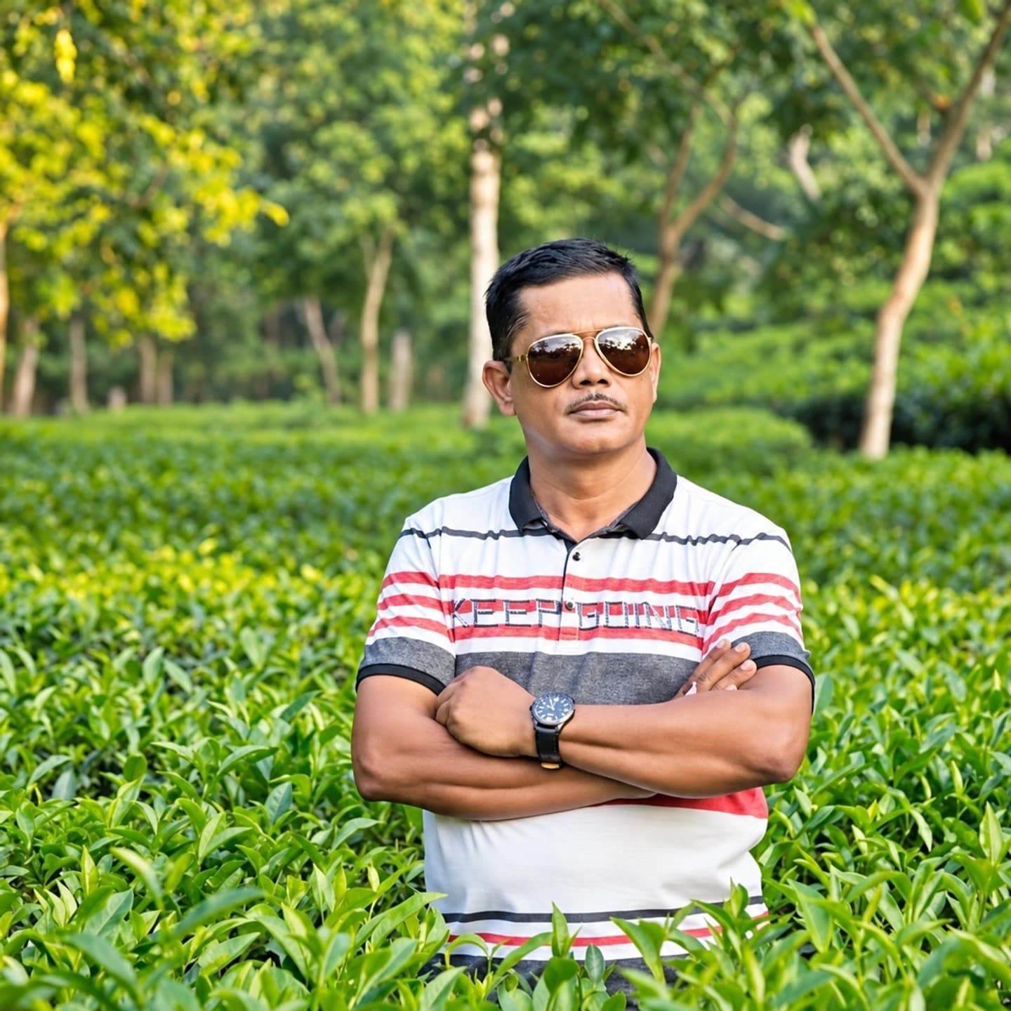 Nasir Uddin Khan standing among tea plants